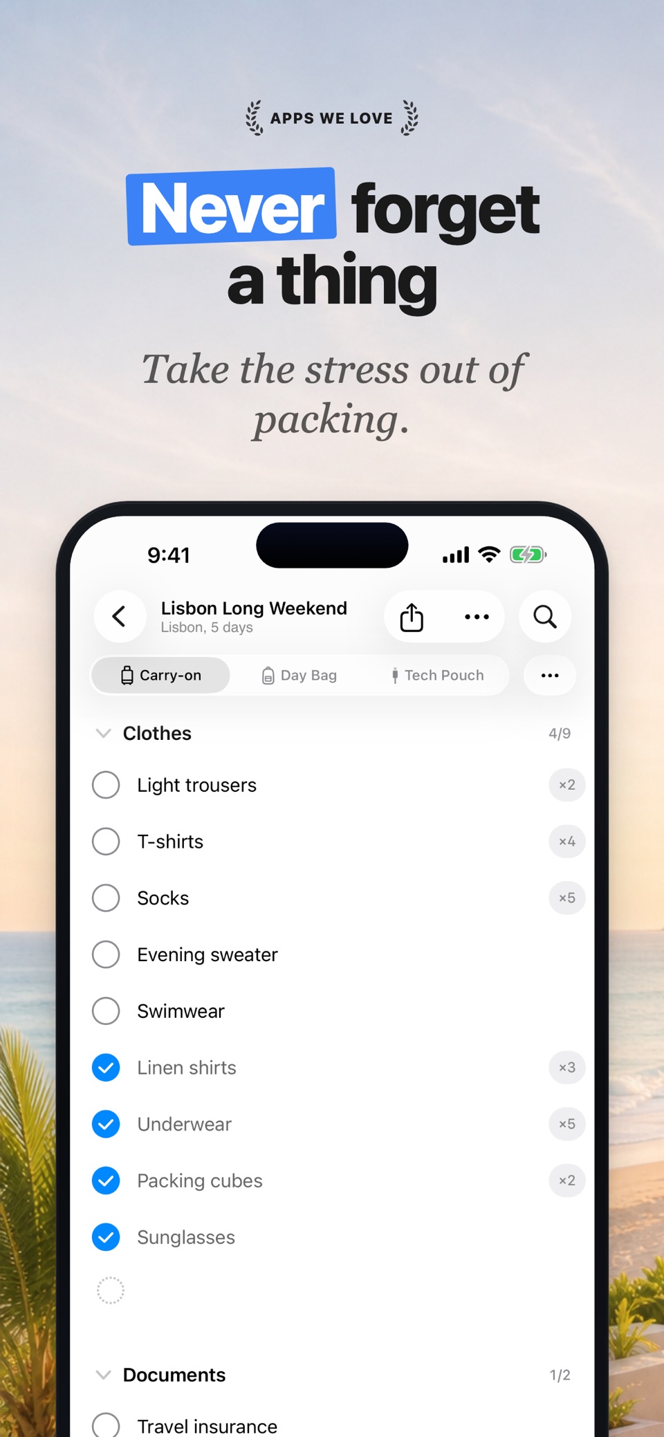 打包清单 – Pack, Repeat · Store screenshots