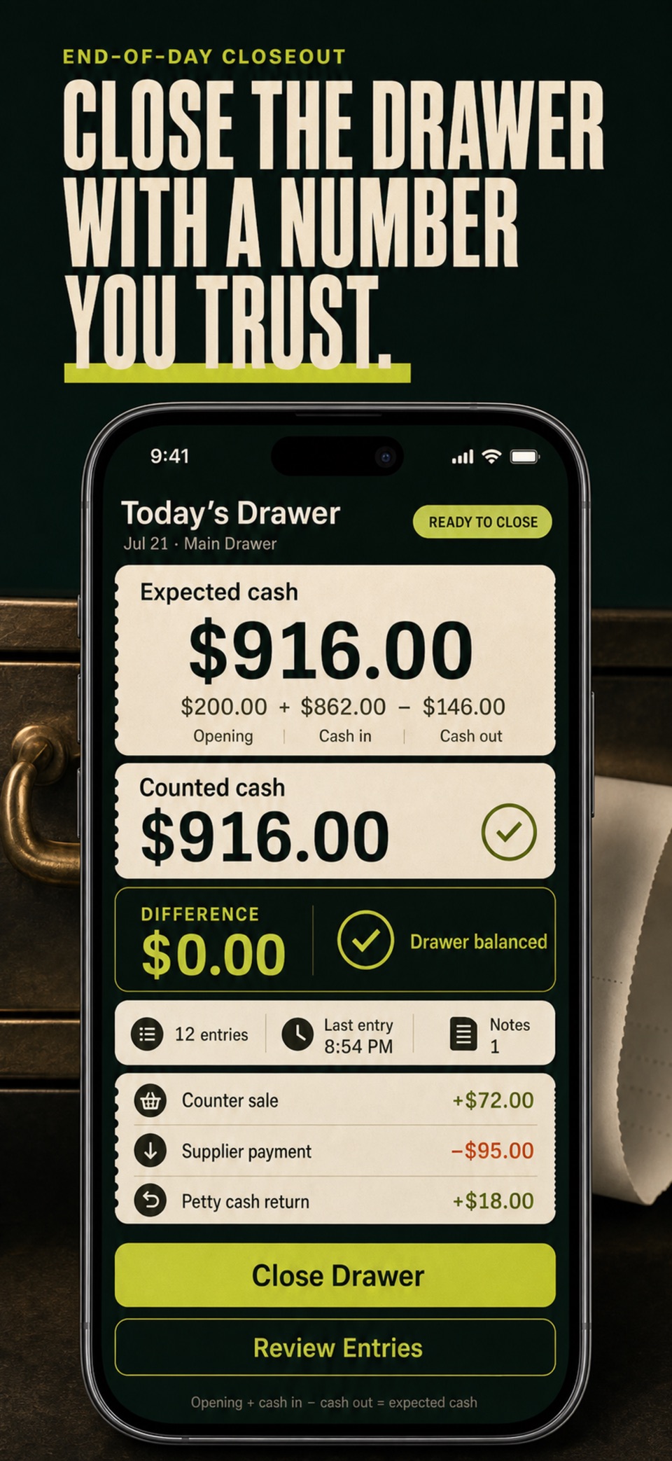 现金日记账-小店收银点钞日结对账钱箱盘点备用金交接班零钱 · Store screenshots